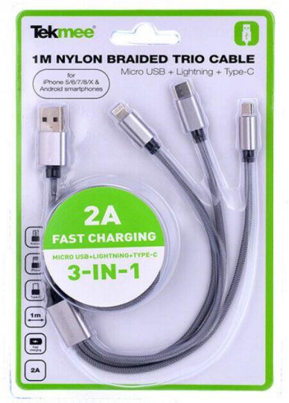 APPLE Cavo dati 3 in 1 (Micro USB, Lightning, Typce C) Rio Nylon Braided nero Tekmee